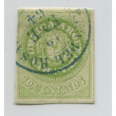 ARGENTINA 1862 GJ 11 ESCUDITO DE 10 Cts. ESTAMPILLA USADA INFIMO ADELGAZAMIENTO BRILLANTE COLOR Y SUAVE MATASELLOO Y CON FIRMA DE GARANTIA DE DON VICTOR KNEITSCHEL U$ 275 !!!